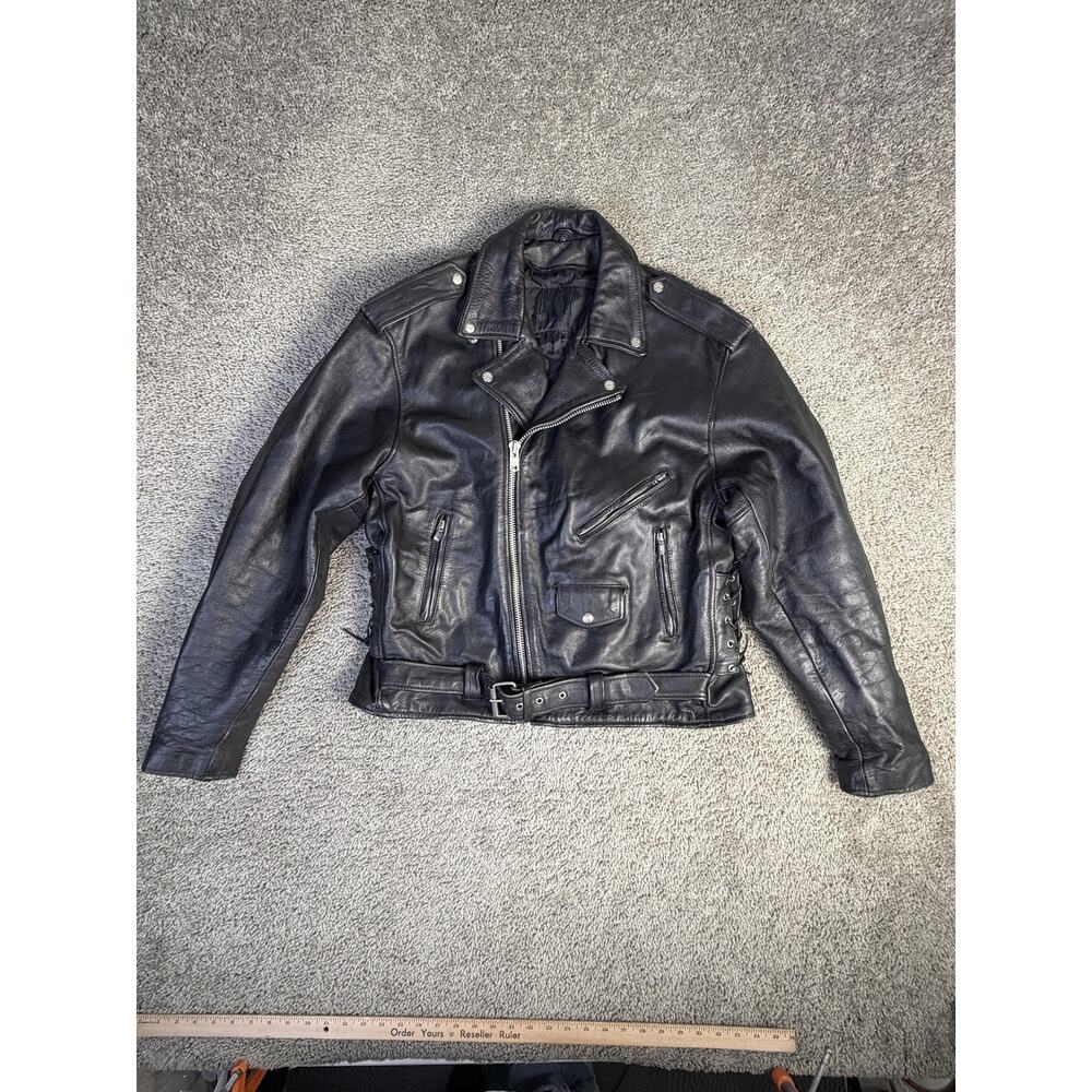 Vintage Interstate Leather Jacket Mens 40 Black Sin City Biker Lace Up Sides Y2K